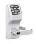 Heavy Duty Satin Chrome Pushbutton Door Lock With Solid Zinc Frame And Hassle Free Battery Powered Access Built Tough For Gritty Outdoor Use And Slick Code Setup Up To 100 Users close-up view with keypad and handle