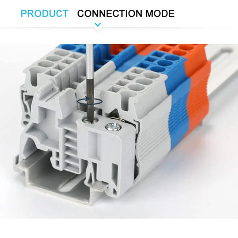 10 Pieces E UK DIN Rail Terminal Block End Stopper Bracket For 35mm Wide Rail Gray Nylon PA66 Housing Fire Retardant DIN Rail Mount With Universal Mounting Foot For Easy Lock On And Secure Fit, side view with screw installation.