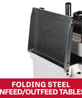 Folding steel infeed/outfeed tables on a Heavy Duty 15 Inch Thickness Planer 3HP 230V Powerhouse for woodworking efficiency.