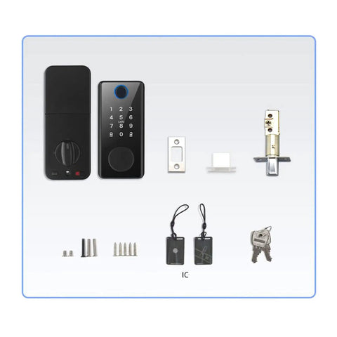 Hassle Free Keyless Smart Deadbolt Featuring Instant Fingerprint Recognition And Numeric Keypad, components layout, black finish.