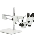 Simul-Focal 3.5X-45X Stereo Zoom Microscope With Lockable Zoom 0.5X Barlow, white boom stand and base