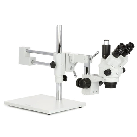 Simul-Focal 3.5X-45X Stereo Zoom Microscope With Lockable Zoom 0.5X Barlow, white boom stand and base