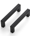 Slick Matte Black Square Bar Cabinet Handles 4 Inch Hole Center Pulls For Kitchen Cabinets And Drawers, shown in pair