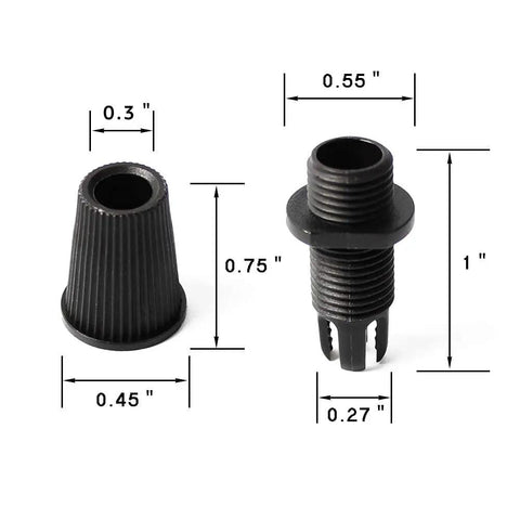 Plastic Strain Reliefs 50 Pack For Pendant Lighting And Wiring Cord Grips Cable Glands in black, with measurements