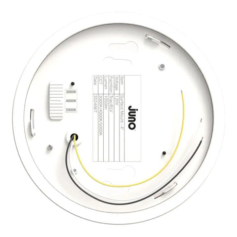 Slick 4 Inch Led Ceiling Light Low Profile Surface Mount Downlight Wet Rated Matte White Trim back view showcasing wiring and settings.