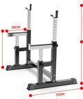Adjustable Multifunction Squat Rack With Dip Stand And Barbell Holder For Home Gym, dimensions shown with measurement marks
