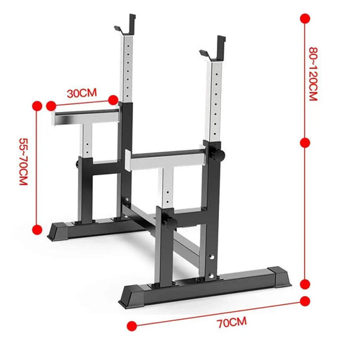 Adjustable Multifunction Squat Rack With Dip Stand And Barbell Holder For Home Gym, dimensions shown with measurement marks