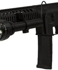 2000 Lumen Cree LED Flashlight mounted on tactical rifle, rugged mil-spec anodized aluminum, designed for night ops and outdoors