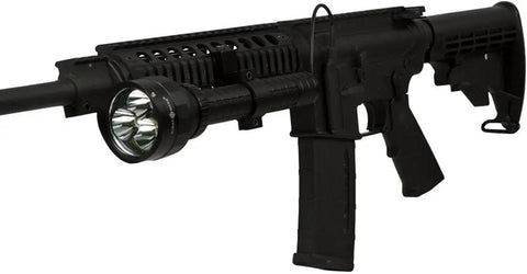 2000 Lumen Cree LED Flashlight mounted on tactical rifle, rugged mil-spec anodized aluminum, designed for night ops and outdoors