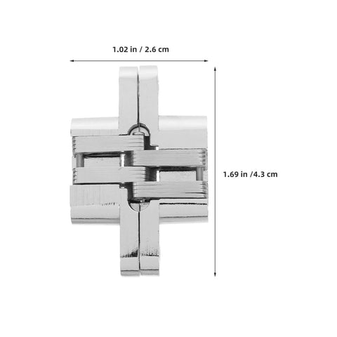 Tiny 43mm Zinc Alloy Concealed Door Hinges 4 Pack For Jewelry Boxes And Small Cabinets, Hidden Cross Folding Hardware With 180 Degree Opening, Ultra Smooth Fold, Great For Craft Projects And Mini Furniture By Operitacx, shown front view with dimensions 1.02 in x 1.69 in.