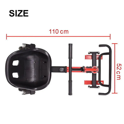 Top view of Seat Attachment Go Kart Conversion Kit For Hoverboard Self Balancing Scooters with red frame and dimensions