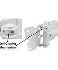 Heavy Duty White Self Closing Vinyl Fence Gate Hardware Kit with two adjustable hinges featuring self-closing mechanism.