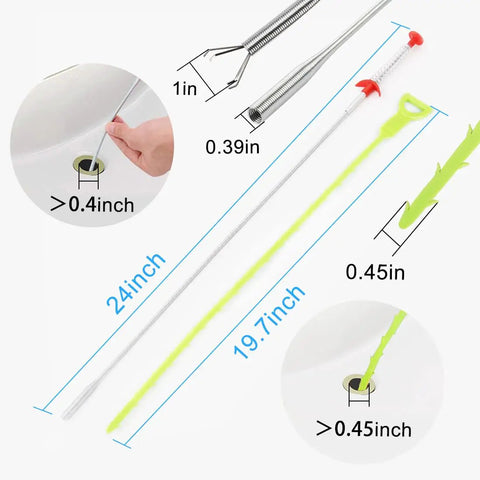 Six Pack Hair Clog Remover For Sink, 24 Inch Tube Drain Cleaning Tool with claw grip and plastic drain cleaner dimensions.