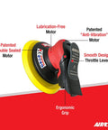 Non Vac Orbital Palm Sander 11,000 RPM with Anti Vibration Tech shown labeled parts like ergonomic grip and throttle lever.