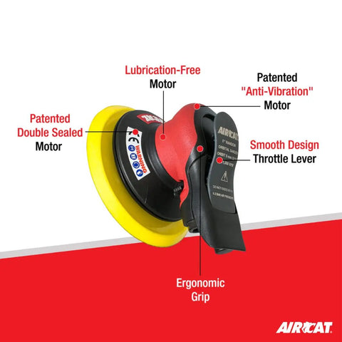Non Vac Orbital Palm Sander 11,000 RPM with Anti Vibration Tech shown labeled parts like ergonomic grip and throttle lever.