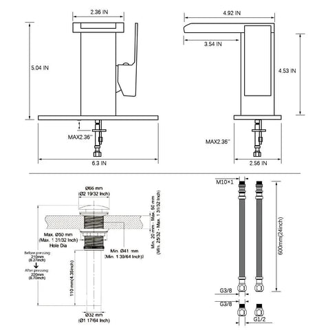 Technical diagram of LED Temperature Sensing Bathroom Faucet With Color Changing LED Brushed Nickel Finish including measurements.