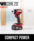 Rock Solid Brushless 20 Volt Compact Impact Driver Kit showcasing compact design with battery, ideal for tight spaces and hardware tasks.