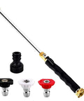 Power Washer Nozzle For Garden Hose With Three Interchangeable Sprays For Fast Car Wash Patio And Garden Cleanup Adjustable Linear Columnar And Fan Modes Fits Most Hoses Built To Last With Beast Durability In Black, showing nozzles and hydrant connector.