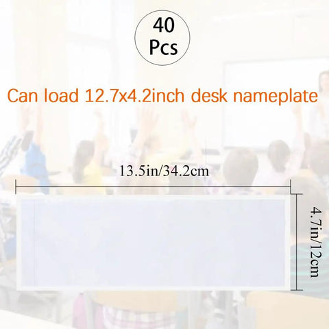 40 Pack Clear Adhesive Desk Nameplate Pockets, 13.5 by 4.7 Inch Self Adhesive Name Tag Sleeves for Classrooms with size overlay