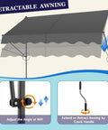 Manual Retractable Patio Awning 118-Inch Adjustable Sun Shade Shelter in gray showing angle adjustment and crank handle