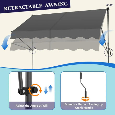 Manual Retractable Patio Awning 118-Inch Adjustable Sun Shade Shelter in gray showing angle adjustment and crank handle