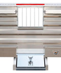 Built To Spec Aluminum Headache Rack And Logger Toolbox Kit For Big Rigs Featuring Dimpled Mirror Finish Flatbed Cargo Setup, Chain Hangers And Secure Handle Locks. Front view of aluminum headache rack with toolbox and dual hooks.
