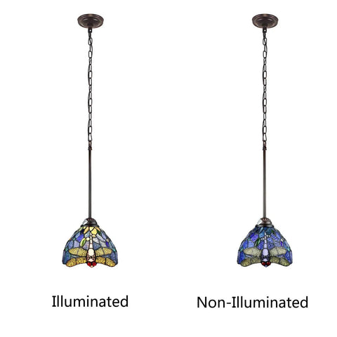 Sunniva Dragonfly Tiffany-Style 1 Light Mini Pendant, 8 Inch Wide, shown illuminated and non-illuminated with handcrafted glass shade.