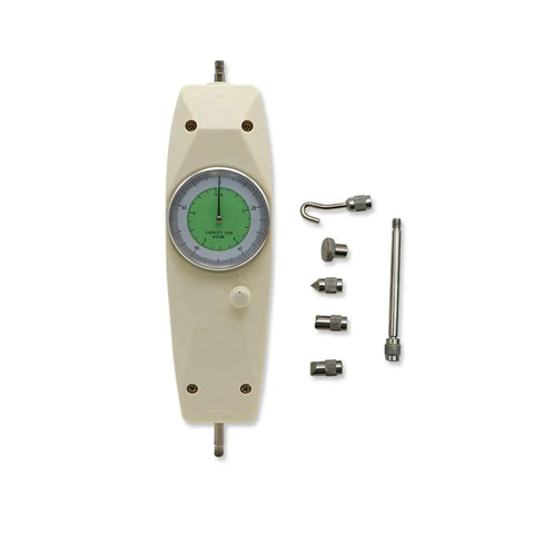 Analog Push Pull Force Gauge, Tension Meter With Peak Hold, Dual Newton Kilogram Display, Pro Grade Tension Tester For Precise Load Testing And Low Error Readings (100N) with attachments