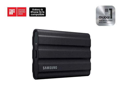 T7 Shield 1TB Portable External SSD Up To 1050 MB Per Second USB 3.2 Gen2 Rugged IP65 black exterior design front view
