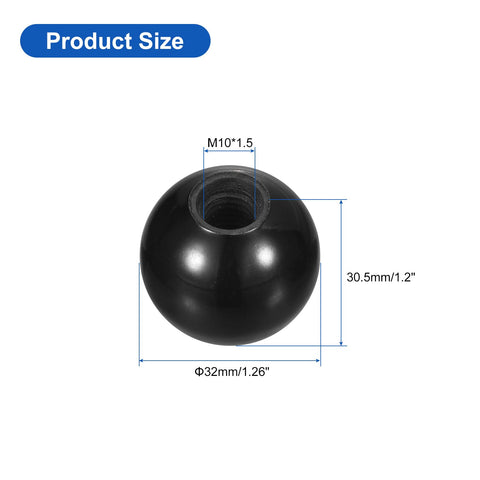 M10 Female Thread Phenolic Ball Knob 32mm Diameter, round black ball knob with measurements in image.