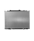 Premium Auto Replacement Radiator For Direct Bolt On Install Heavy Duty Aluminum Core in horizontal view showing cooling fins.