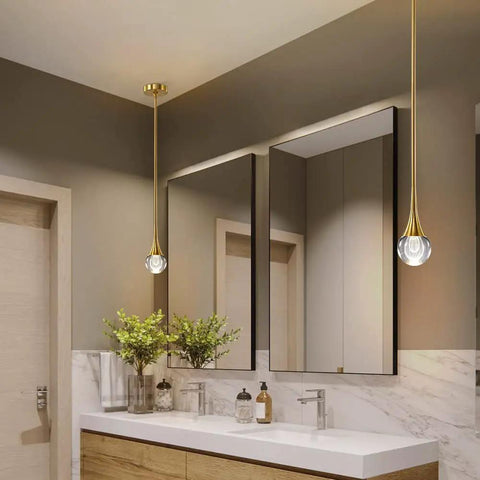 Gold Globe Teardrop Crystal Mini Pendant Light For Kitchen And Dining, Dope 1 Light LED Fixture Over Bathroom Vanity