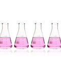4 Piece Narrow Mouth Glass Erlenmeyer Flask Shot Glass Set, 50ml Each, 3.3 Borosilicate Glass With Printed Graduation on white background