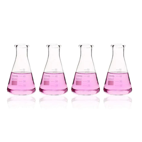 4 Piece Narrow Mouth Glass Erlenmeyer Flask Shot Glass Set, 50ml Each, 3.3 Borosilicate Glass With Printed Graduation on white background