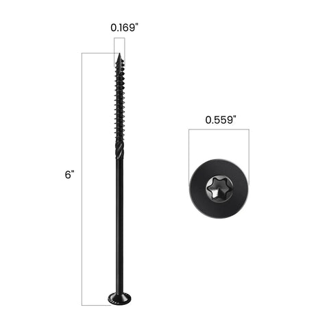 Heavy Duty Number 14 X 6 Inch Deck Screws, black epoxy coating, showing dimensions and Torx drive head.