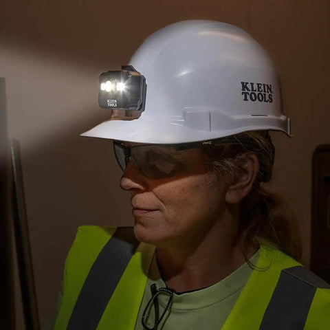 Rechargeable LED Headlamp for Hard Hats, 300 Lumen Work Light with All Day Runtime, 3 Modes, Magnetic Mount, in use