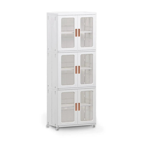 Three Tier Foldable Storage Cabinet On Wheels With Lids And Doors, Plastic Stackable Pantry Cupboard Closet Organizer
