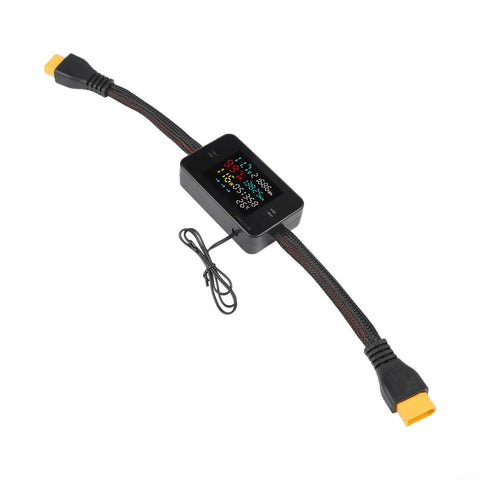 Hardcore Dc Power Meter And Battery Load Tester 8 To 80 Volt 50 Amp Analyzer With Sleek Color Lcd Screen for EV and Solar Gear, features XT60 connector.