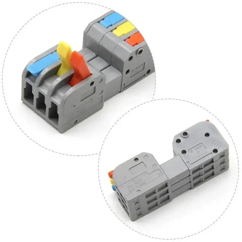 Mini Quick Wire Connectors with push in, lever, and crimp styles for fast, secure electrical wiring, shown in close-up.