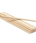 Square Wood Dowels Quarter Inch by 12 Inch 25 Pack Unfinished Craft Sticks stacked, showing smooth cut for crafts.