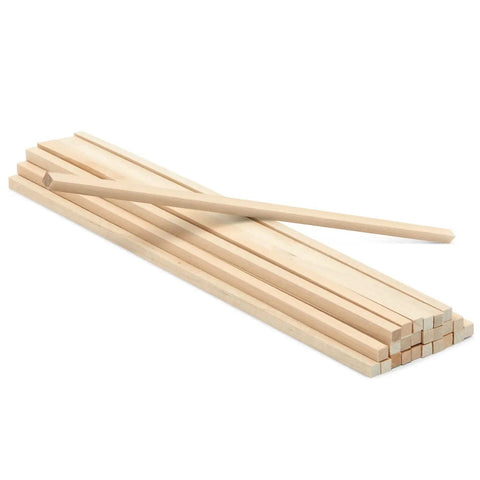Square Wood Dowels Quarter Inch by 12 Inch 25 Pack Unfinished Craft Sticks stacked, showing smooth cut for crafts.