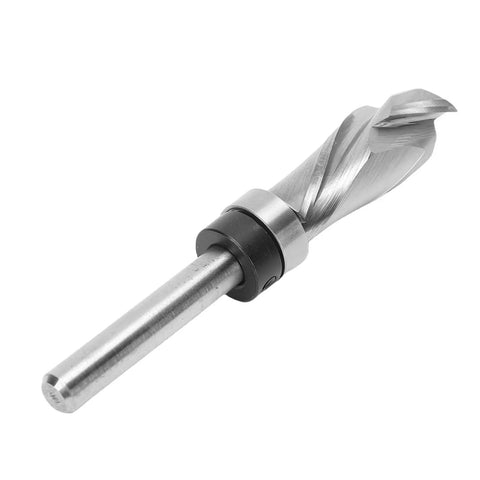 Heavy Duty Spiral Router Bit With Premium Tungsten Steel Build For Smooth Plywood And Melamine Board Slotting Plus Efficient Chip Removal In Flush Trim Design With 1/4 Inch Shank For DIY Pros close-up of the bit.