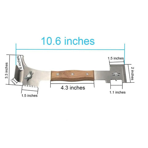 All-In-One Beekeeping Steel Hive Tool with Wooden Handle, showing 10.6-inch length with dimensions of the multifunctional tool.