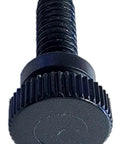 Close-up of black 1/4-20 thumb screw, 3/4 inch long nylon fastener, nonmarring, easy hand tightening for electronics enclosures, jigs.