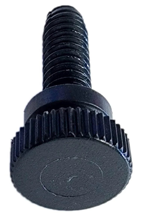 Close-up of black 1/4-20 thumb screw, 3/4 inch long nylon fastener, nonmarring, easy hand tightening for electronics enclosures, jigs.