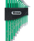 Extra-Long Tamper-Resistant Star Key Set, 13-Piece, green handle, S2 steel, TR6 to TR50, drilled tips, non-slip grip, satin-plated finish.