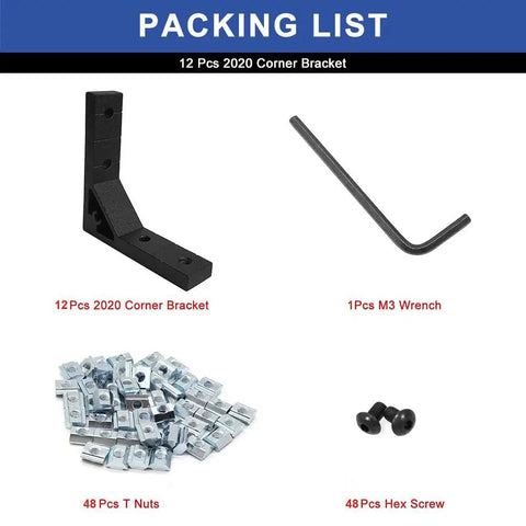 Packing list showing 12 Pack 2020 Angle Bracket Corner Black With T Nuts And Screws Wrench For 8020 Aluminum Profile V Slot 3D Printer