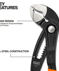 Close-up of 7 Inch Adjustable Pliers With Quick Adjust Klaw Pump Pliers Design For Maximum Torque, V Jaw and hardened teeth