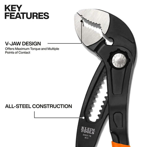 Close-up of 7 Inch Adjustable Pliers With Quick Adjust Klaw Pump Pliers Design For Maximum Torque, V Jaw and hardened teeth
