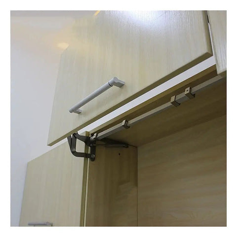 Smooth Translational Lift Up Cabinet Door Hinge With Dual 250N Gas Springs in open position on wooden cabinet